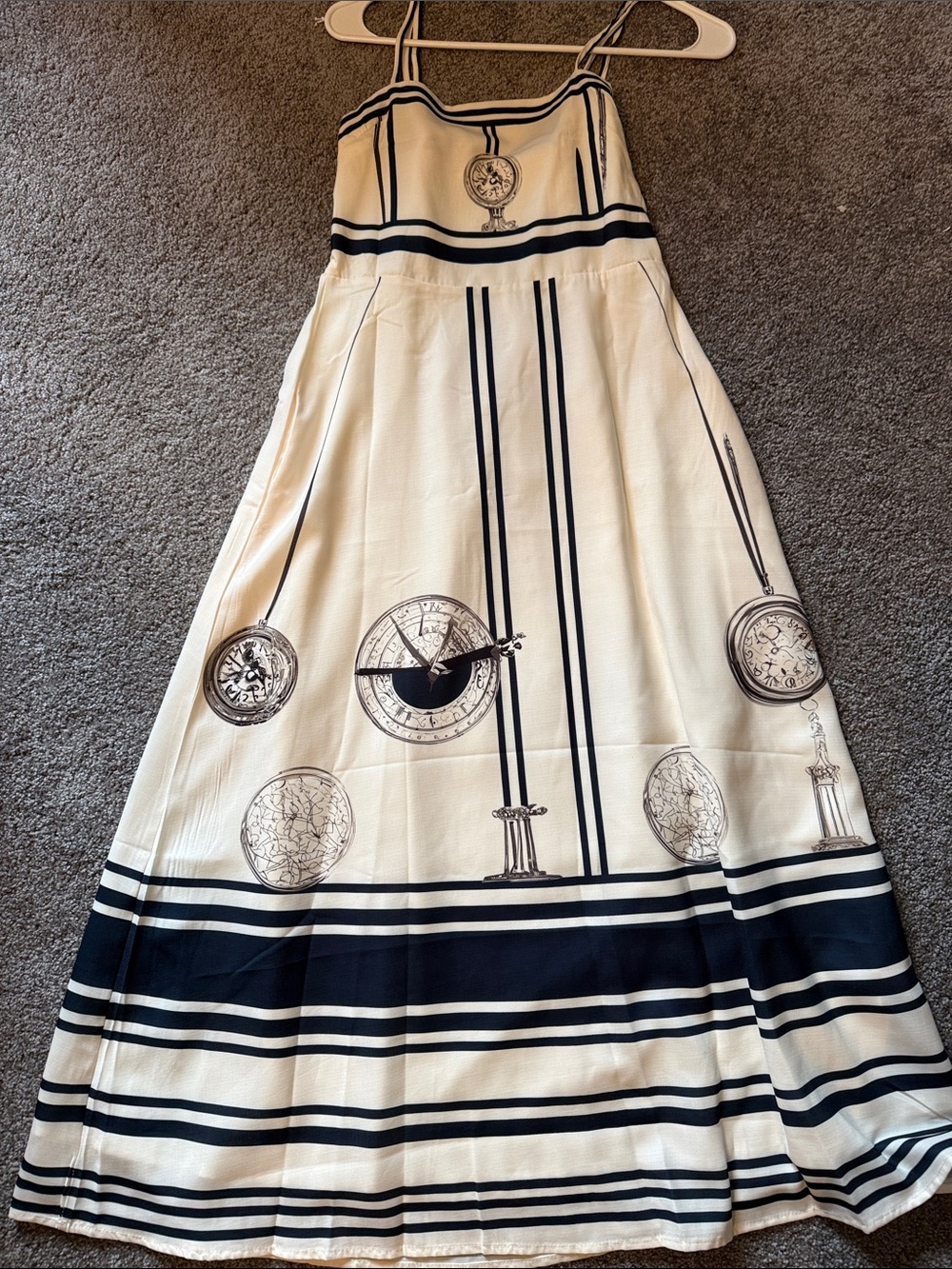 Ivory and Black Striped Maxi Dress with Nautical Medallion Print